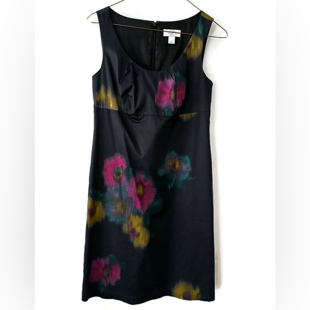 Ann Taylor LOFT Petite Black Blurred Watercolor Floral Sheath Dress 4P